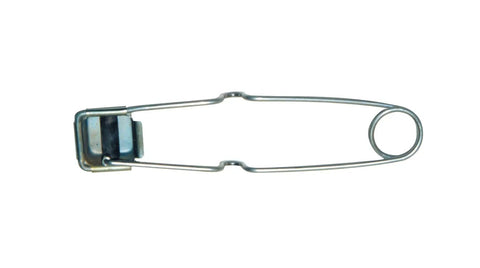 Silver metal safety pin with clasp and circular loop on a white background.
