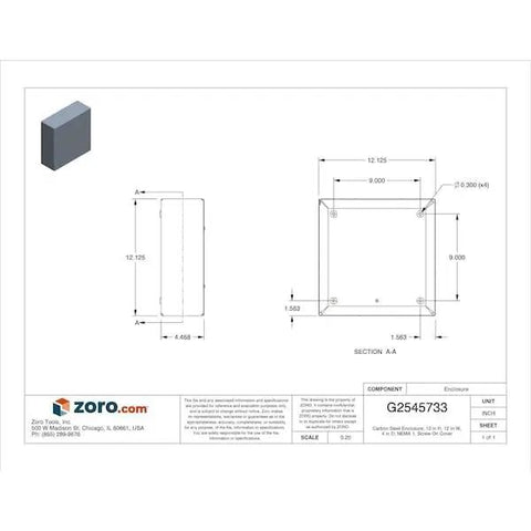 Top Shelf 12X12X4 Inch Gray Steel Electrical Enclosure Built To Last For Commercial Industrial Pull Boxes, side view and dimensions drawing.