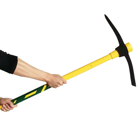 Person holding Beast Mode Heavy Duty Forged Mattock With Adze and ergonomic non slip handle, 36 inch, for outdoor digging and cultivating.
