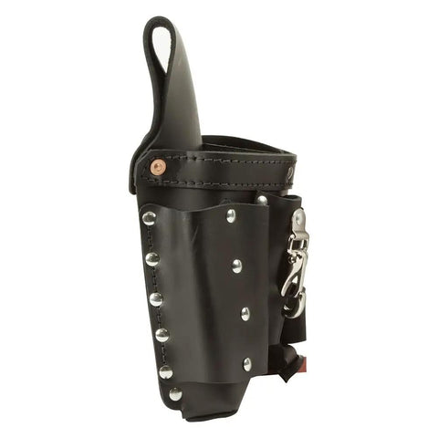 Side view of Extra Capacity Tool Pouch With Eight Pockets For Pliers And Screwdrivers Hammer Loop Knife Snap Tape Thong Leather