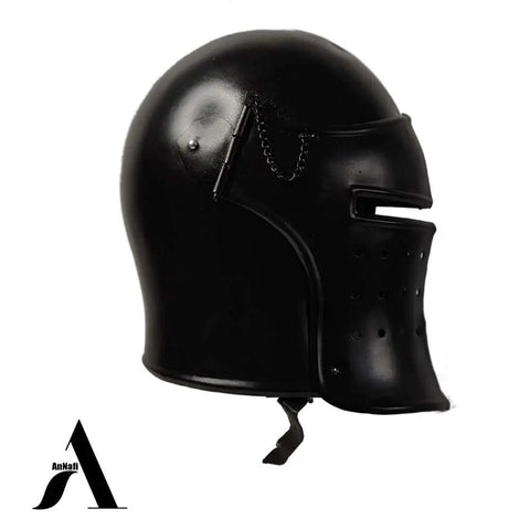 Side view of Old School Visored Barbuta Black Helmet for LARP SCA Cosplay with pre-oiled finish and inner liner