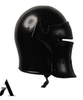 Side view of Old School Visored Barbuta Black Helmet For LARP SCA Cosplay Medieval Knight Templar Viking Battle Armor