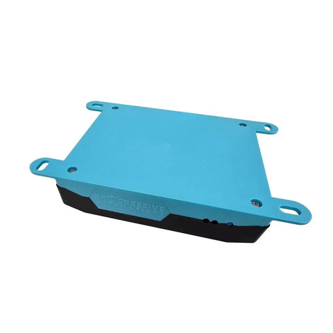 Four Channel Hall Effect Linear Actuator Control Box Featuring Synchronous Motion Sync, blue and black, side view.
