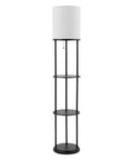 Versailles Floor Lamp With Built-In Shelves, 57.5 Inch Matte Black, White Linen Shade, three shelves, modern-traditional design