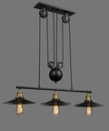 Top Tier Industrial Led Chandelier With Reliable Pulley Pendant Setup Modern Hanging Light Fixture in black with three bulbs.