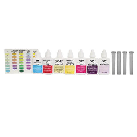 Freshwater Aquarium Test Kit Has 800 Tests For Ph Ammonia Nitrite And Nitrate to maintain clear water, featuring test solutions and tubes.