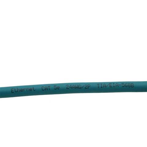 Close-up of blue Ethernet CAT5e cable showing specifications for 24AWG/2P TIA/EIA-568B with clear print on sheath