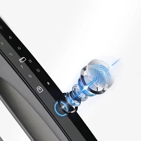 Close-up of Slick Smart Lock Featuring Rapid Fingerprint Scanner Digital App Control, showcasing fingerprint recognition technology.