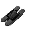 Black hidden 180-degree wooden door hinge for wide door spacing supports 40 to 80 kg, invisible cross casement gate hardware.
