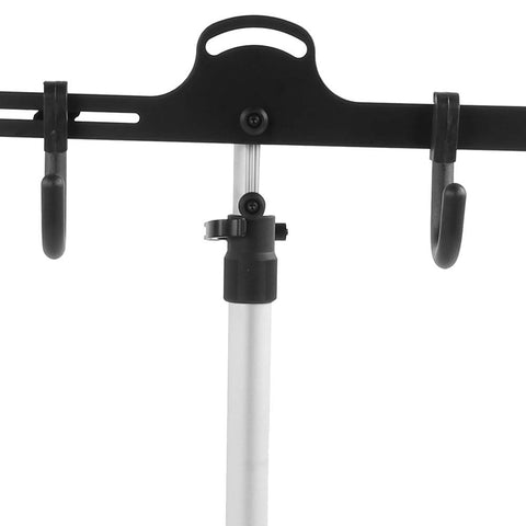 Close-up of Heavy Duty Aluminum Bicycle Repair Stand With Adjustable Height And Non Slip Rubber Feet for easy bike access.