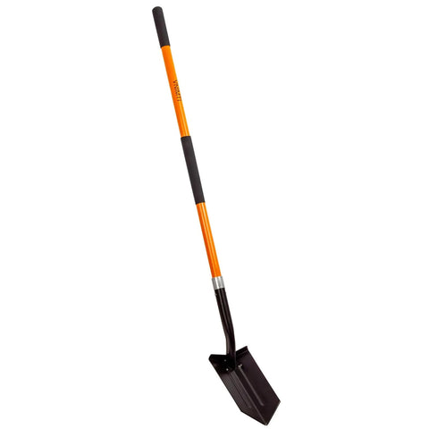 Heavy Duty Trench Shovel with Fiberglass Handle 58 Inch Length High Carbon Steel Blade with Rust Resistant Coating standing upright