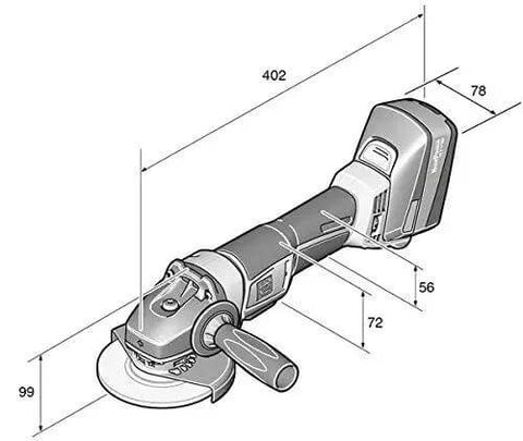 Professional Cordless Angle Grinder Runs Smooth And Hits Hard With Multi Volt Battery Interface Built Tough For Daily Cutting And Grinding Tasks No Hassle Just Pure Brushless Power Whenever You Need It Most, angled view with dimensions.