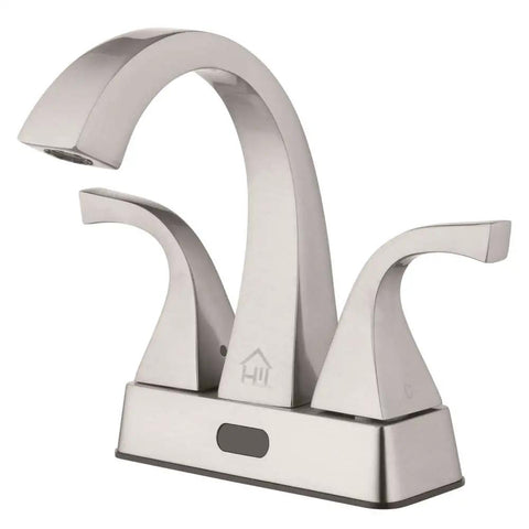 Touchless Two Handle 4 Inch Centerset Brushed Nickel Bathroom Faucet With Motion Sensor No Touch Operation 1.2 GPM