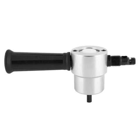 Side view of Double Head Metal Nibbler Drill Attachment for Electric and Pneumatic Tools, silver metal with black handle