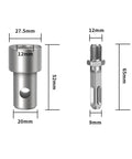 Pro Grade Heavy Duty Multi Interface Earth Auger Adapter dimensions, metal build, reverse thread screws, works with impact wrenches.