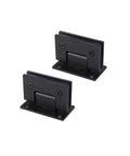 Real Deal Heavy Duty Glass Shower Hinge 2 Pack Brushed 304 Stainless Steel Pivot Clamps Matte Black Finish shown from the side.