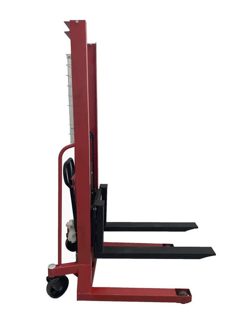 Heavy Duty Manual Pallet Stacker Featuring A No Sweat 2200 Pound Hydraulic Lift And Sixty Three Inch Rise For Warehouse Grinds And Factory Material Hauling Straight Up Shop Floor Legend, side view showcasing forks.
