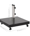 Rock Solid Parasol Base In Black Granite With Stainless Steel Construction Square Design Heavy Duty Medium Outdoor Umbrella Stand For Patio Garden Or Deck, showing dimensions and castors for mobility.