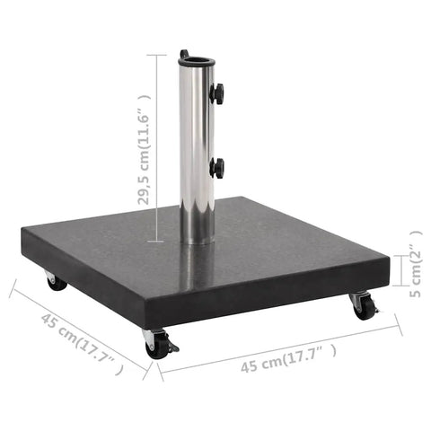 Rock Solid Parasol Base In Black Granite With Stainless Steel Construction Square Design Heavy Duty Medium Outdoor Umbrella Stand For Patio Garden Or Deck, showing dimensions and castors for mobility.