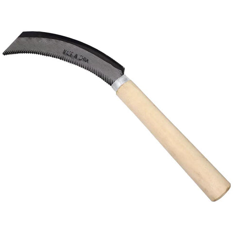 Harvest Sickle With Wooden Handle, Serrated 5 Inch Blade, Straight End For Clean Cuts, Garden Tool For Row Crops And Thick Stems