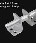 Heavy Duty Stainless Steel Sliding Door Bolt Gate Latch With Padlock Hole Works Both Ways For Left Right Swinging Doors Lockdown Security Two Way Slide Bolt Tough As Nails Hasp Design Secure Privacy Gate Hardware Upgrade close-up of solid latch lever showing sturdy design and mounting brackets.