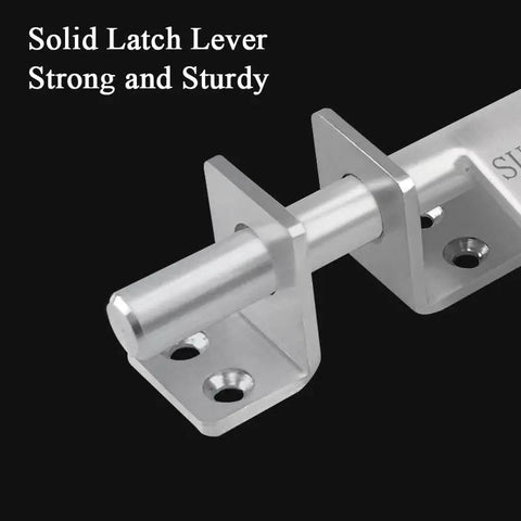 Heavy Duty Stainless Steel Sliding Door Bolt Gate Latch With Padlock Hole Works Both Ways For Left Right Swinging Doors Lockdown Security Two Way Slide Bolt Tough As Nails Hasp Design Secure Privacy Gate Hardware Upgrade close-up of solid latch lever showing sturdy design and mounting brackets.