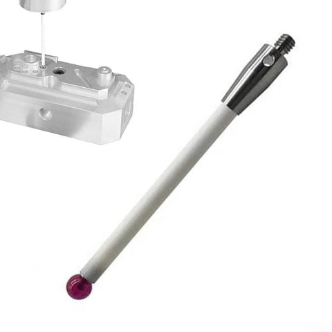Side view of A-5000-3712 CMM touch probe stylus with 6mm ceramic ball tip, 100mm length, threaded handle