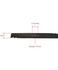 22 Inch Recycler Mower Replacement Blade For Tooth Mulcher Genuine 131-4547-03 59534P Display Pack Heavy Duty OEM Grade Two And A Quarter Inch Width Center Hole Seven Sixteenth Inch About Twenty One And Eleven Sixteenths Inch Long side view with measurements visible