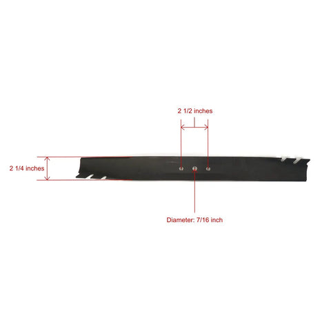 22 Inch Recycler Mower Replacement Blade For Tooth Mulcher Genuine 131-4547-03 59534P Display Pack Heavy Duty OEM Grade Two And A Quarter Inch Width Center Hole Seven Sixteenth Inch About Twenty One And Eleven Sixteenths Inch Long side view with measurements visible