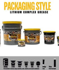 Packaging of Multipurpose Lithium Complex Grease Tube NLGI 2 EP Heavy Duty High Temp Lubricant featuring various container sizes.
