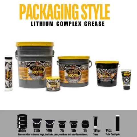 Packaging of Multipurpose Lithium Complex Grease Tube NLGI 2 EP Heavy Duty High Temp Lubricant featuring various container sizes.