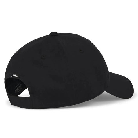 Back view of Montauk Lightweight Golf Hat With UPF 50 Sun Protection Black White Adjustable Velcro Cap Clean Unstructured Front Panel Standard Curve Bill For All Day Golf On The Green.