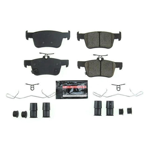 PowerStop Z23-2102 carbon-fiber ceramic rear brake pad kit with installation hardware, front view