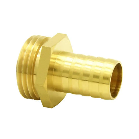 Close-up of Brass Garden Hose Adapters Bundle, 3/4 Inch Barb to 3/4 Inch GHT Male Threads, heavy duty connector