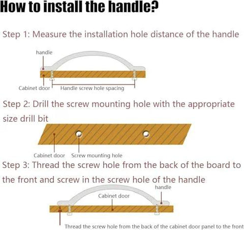 Installation guide for Antique Bronze Drop Swing Cabinet Pulls 4 Pack 4.09 Inch Bail Drawer Handles, showing steps and measurements.