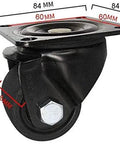 Nylon Swivel Casters With Rock Solid Locking Brakes And Super Silent Glide For Furniture Rigs And Office Chairs Heavy Duty Steel Brackets Carry 1100 Lbs Per Unit Thick Mounting Plates Make Installing A Breeze For Home Gym Gear Pack Of Four, with dimensions shown.