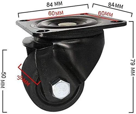 Nylon Swivel Casters With Rock Solid Locking Brakes And Super Silent Glide For Furniture Rigs And Office Chairs Heavy Duty Steel Brackets Carry 1100 Lbs Per Unit Thick Mounting Plates Make Installing A Breeze For Home Gym Gear Pack Of Four, with dimensions shown.
