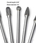 Front view of 5pc carbide burrs set, 1/4" shank, long double-cut tungsten carbide for die grinder bits