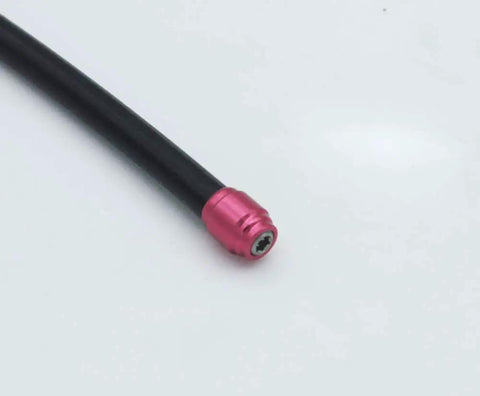 Close-up of a black brake hose with a red olive fitting from the 4 Sets Olive Connecting Inserts Fitting Kit For SRAM Avid Hydraulic Disc Brakes Stealth A Majig Hose Quick Install Includes 4 Olives, 4 Inserts, 1 T8 Spanner.