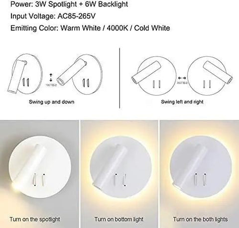 Modern LED Wall Sconce With Swivel Rotation And Dead Simple Switch For Indoor Bedroom And Living Room Setups Black Square Metal Shade with spotlight and backlight options.
