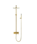 Slick Brushed Gold Rainfall Shower Kit With 10 Inch Mass Flow Head And Easy Grip Handheld Sprayer Wall Mounted Bath Ensemble.