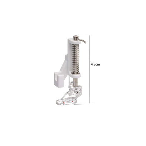 Side view: open-toe walking foot with guide for quilting, white housing and clear toe, compatible with Brother machines