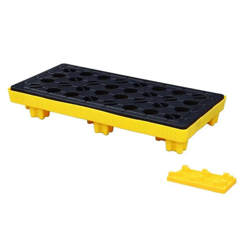Heavy Duty Modular Oil Spill Containment Tray in yellow and black, durable polyethylene, designed for fluid management and spill control.