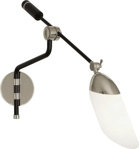 Level Up Your Interior Game With This Sick One Light Swing Arm Wall Sconce Decked Out In Matte Black And Modern Brass Details Paired With A Bright White Glass Shade For Smooth Lighting Vibes Anywhere, showing matte black and brass sconce with white glass shade.