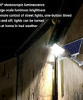 Top Shelf Solar Street Light Featuring Slick Remote And Rock Solid Pole Mounts Delivers Blazing Wide Angle Glow Perfect For Driveways Patios And Public Roads With Smart Dusk To Dawn Sensor Tech mounted on a wall illuminating a dark area.