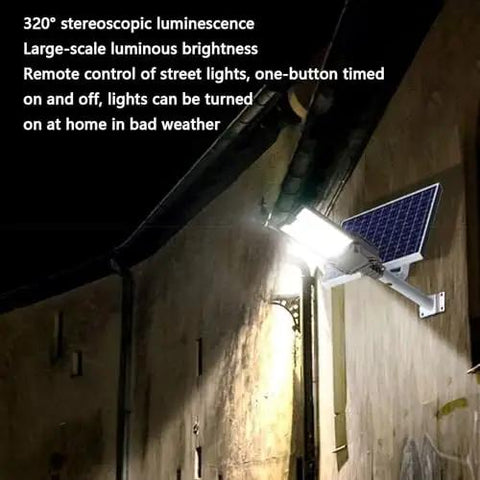 Heavy Duty Solar Street Light With Dang Bright 6000 Lumens And Heckin Wide 320 Degree Coverage featuring wall-mounted solar panel and light.