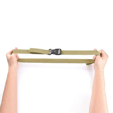 Hands holding a khaki strap from 4 Pack Luggage Binding Straps Cinch Ratchet Belts For Travel Bags Golf Cart Bags Backpacks And Camping Gear