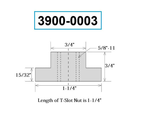 Must Have 58 Piece Clamping Kit With 5/8-11 Studs, T Nuts, Flange Nuts And Coupling Nuts For 3/4 In T Slot, Heavy Duty Pro Grade Workholding Set For Secure, Fast, Clean Setups. 3/4 in T-slot nut diagram, 5/8-11 threads, 1-1/4 in length