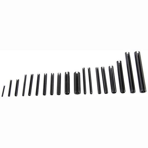 Assorted Slotted Spring Dowel Pins Kit, 450 Piece Set, Durable Spring Steel With Black Oxide Finish, lined up in size order