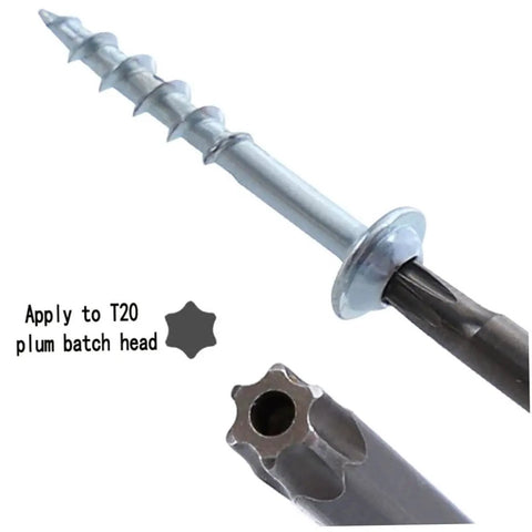 Close-up of a Torx T20 pocket hole screw showing thread and head design, part of the Pocket Hole Screws Self Tapping Torx T20 Coarse Thread Wood Screws 1 1 4 Inch 32mm Silver 100 Pack Built For Hardwood Fences Decks Outdoor Projects No Fuss DIY Woodworking With Durable Carbon Steel Construction.